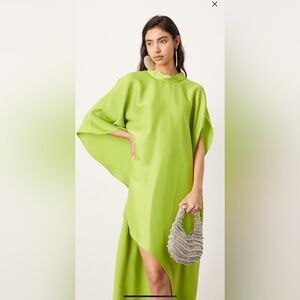 Green High Neck Cape Sleeve Mini High Low Dress